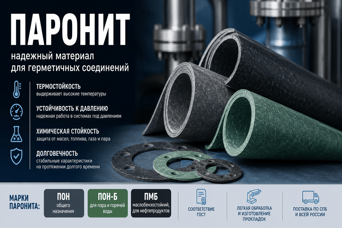 Паронитовые прокладки: марки ПМБ, ПОН, ГОСТ, производство и сферы применения