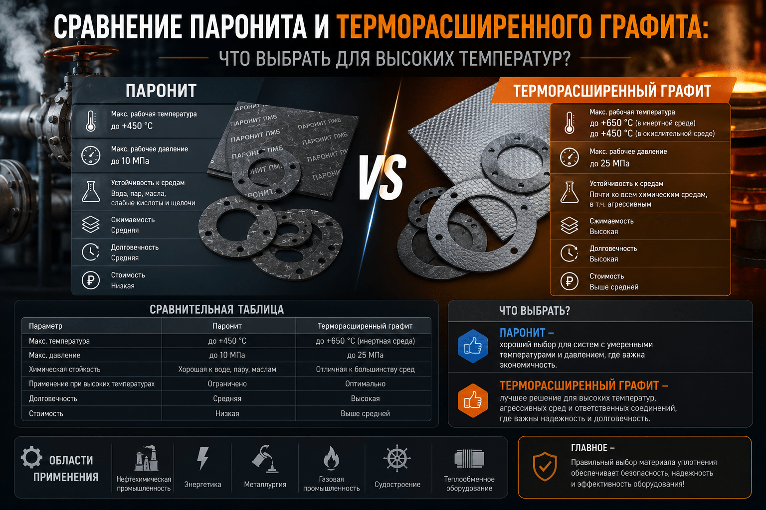 Сравнение паронита и терморасширенного графита: что выбрать для высоких температур?